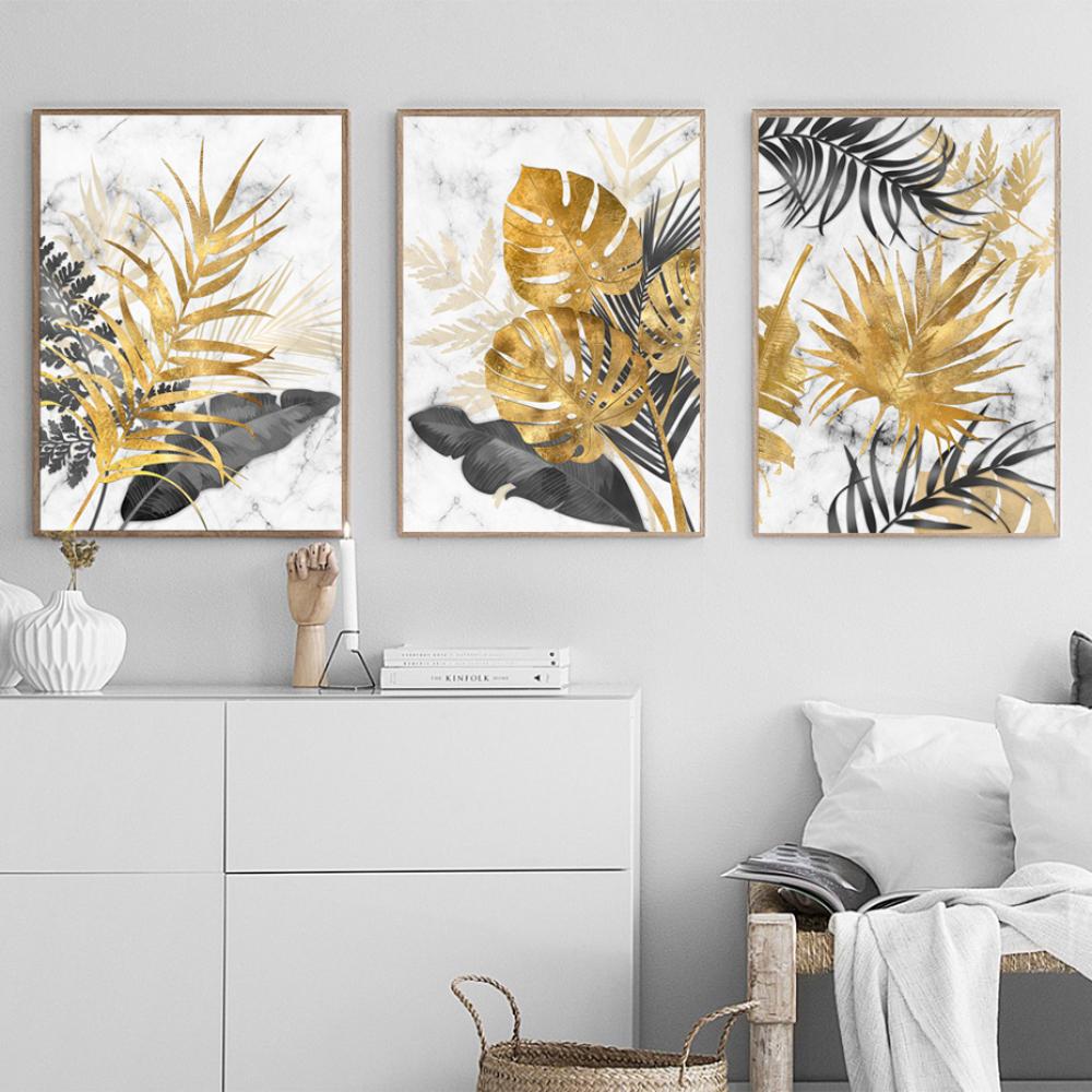 Golden Abstract Tropical Palm Leaf Canvas Paintings Modern Interior Home Wall Decor Art Posters Prints Pictures Cuadros No Frame