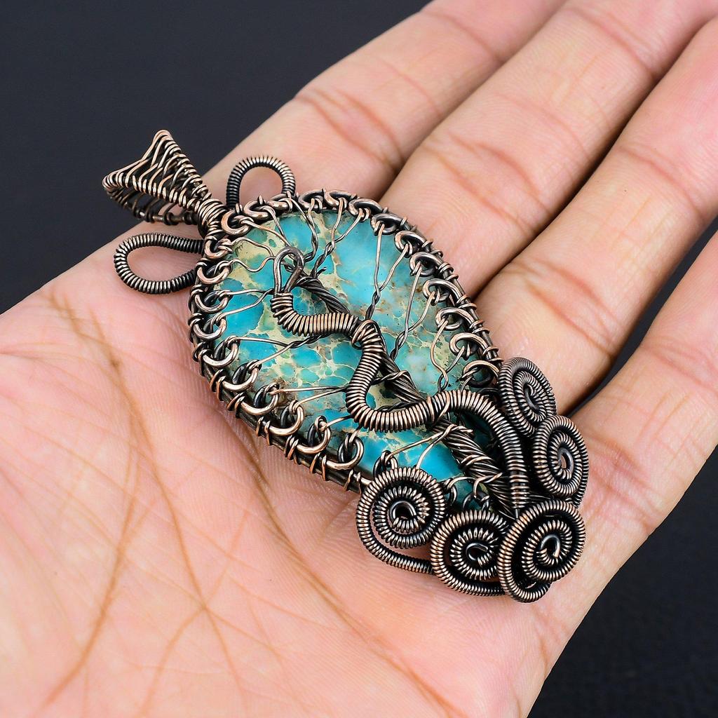 Blue Sea Sediment Pendant Gemstone Jewelry, 999 Copper Wire Wrapped Pendant, Gift For Women Handmade Pendant