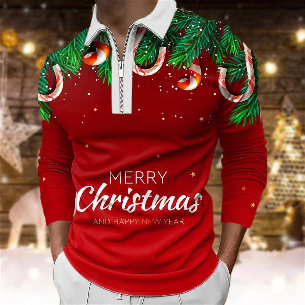 Father Christmas cartoon pattern digital 3D printing polo shirt large size loose men's zip lapel shirt