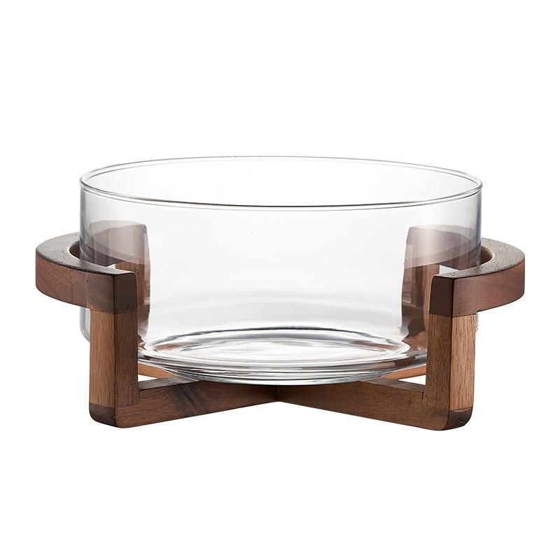 ABUL-Glass Fruit Bowl With Wooden Stand-Transparent