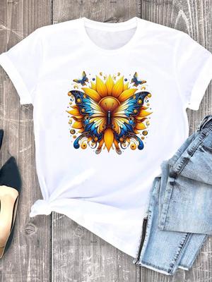 (Asian Size) Clothing Lovely Butterfly Trend 90s Casual O-neck Tee Top Women Short Sleeve T Shirt Fashion Print Lady Female Graphic T-shirts