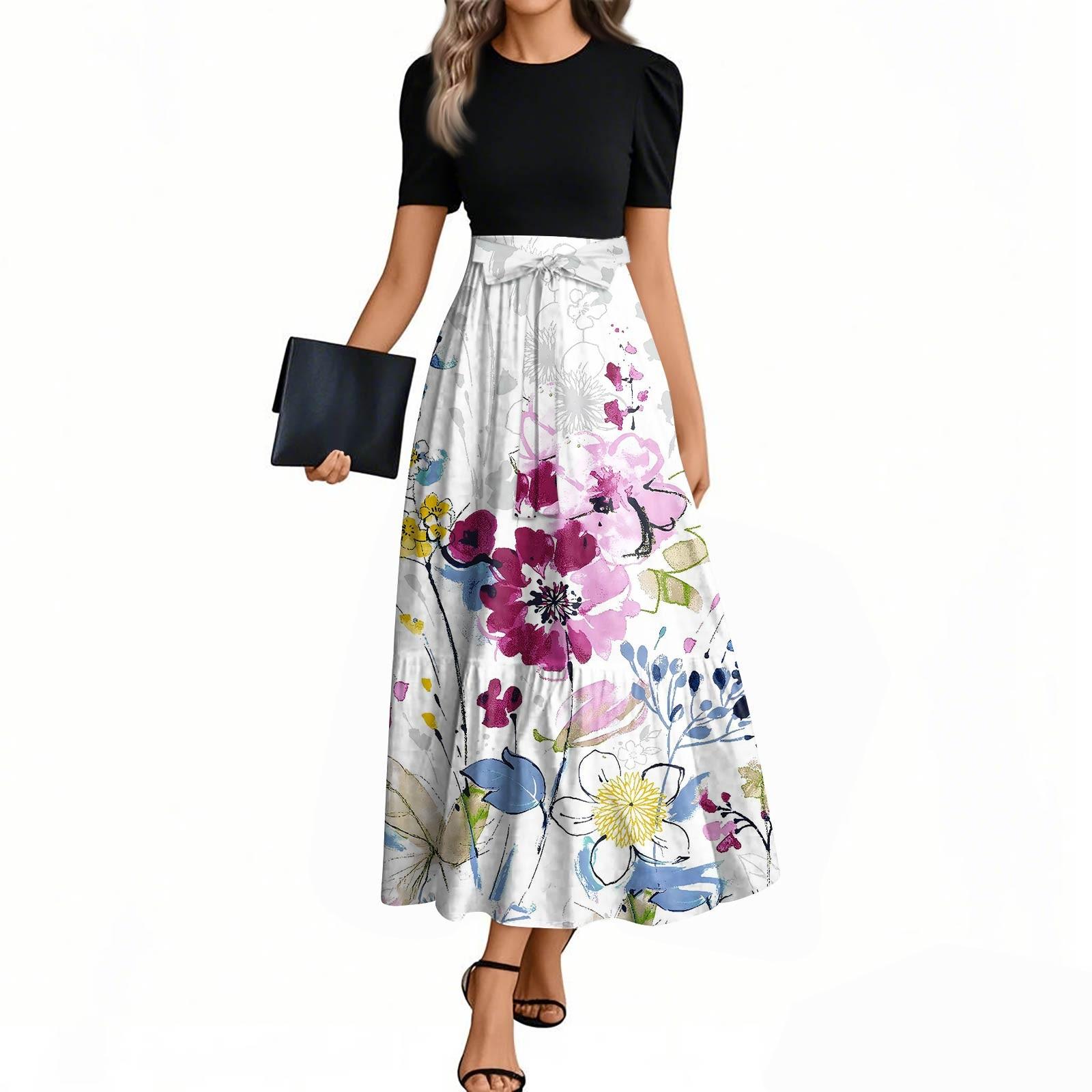 

Женская мода повседневная пояс с коротким рукавом круглый вырез винтажные цветочные сращивания элегантные темпераментные платья M красный