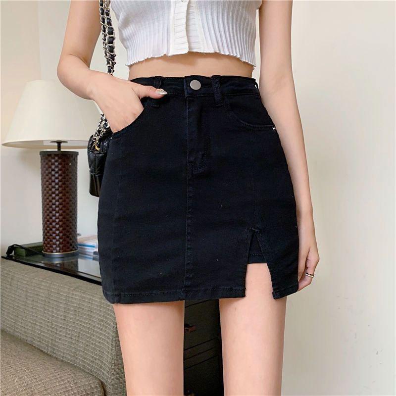Youthful and Slimming Half-body Skirt Elastic High-waisted A-line Short Skirt Pants Split Package Hip Black Skirt Ms. Summer Fashion Denim Short Skirt
