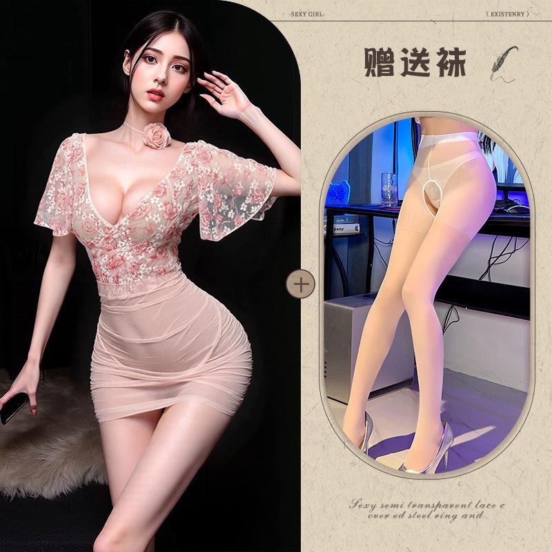 Sexy perspective deep V floral rose veil high waist hip skirt uniform set sexy underwear