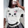 Women's Cute Cat Face Print Blouse - Short Sleeve Round Neck Top Suitable for Spring Summer Casual Wear