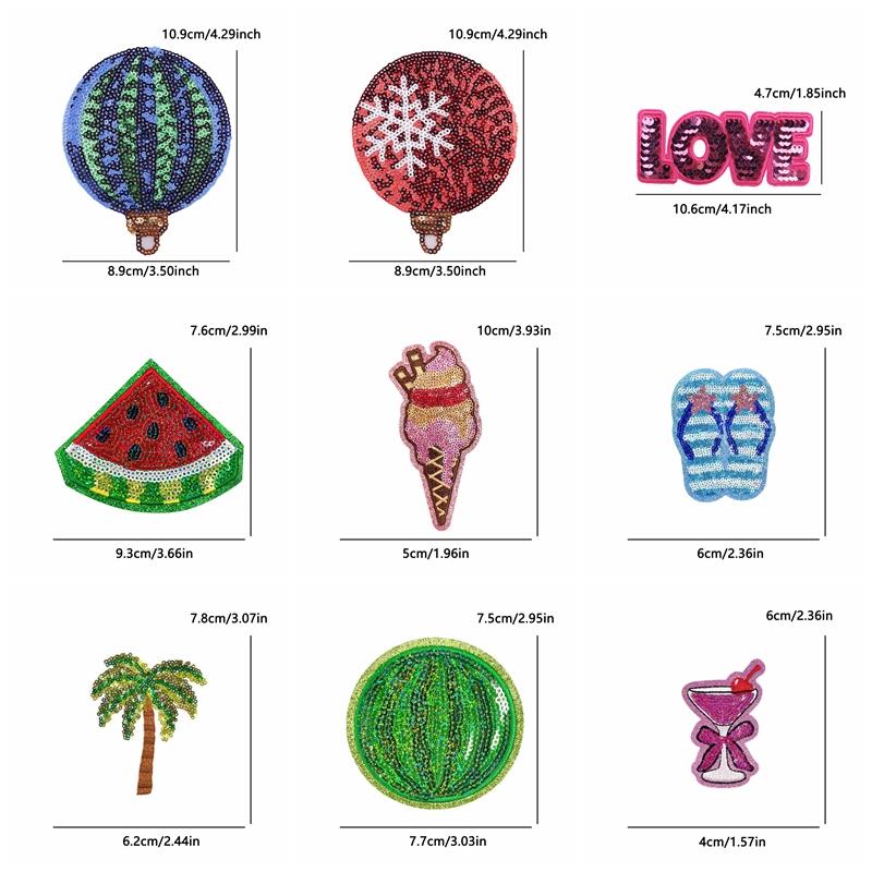 10pcs Cartoon Sequins Watermelon Fruit Drink Embroidered Patches Shells Coconut Trees Patch Clothes Decoration Sew Applique Diy