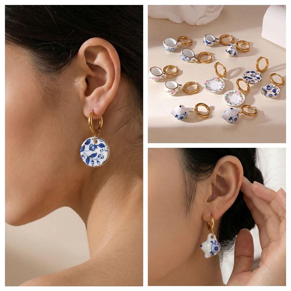 Chinese Style Blue and White Porcelain Earrings Dripping Oil Gold Enamel Hoop Earrings  Party