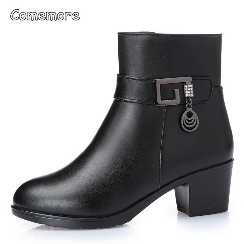 Fashion Comemore Winter Fur Boots High Heels Brown Ladies Heel Boot Adult Fashion Women's Shoes 2025 Genuine Leather Warm Booties Black