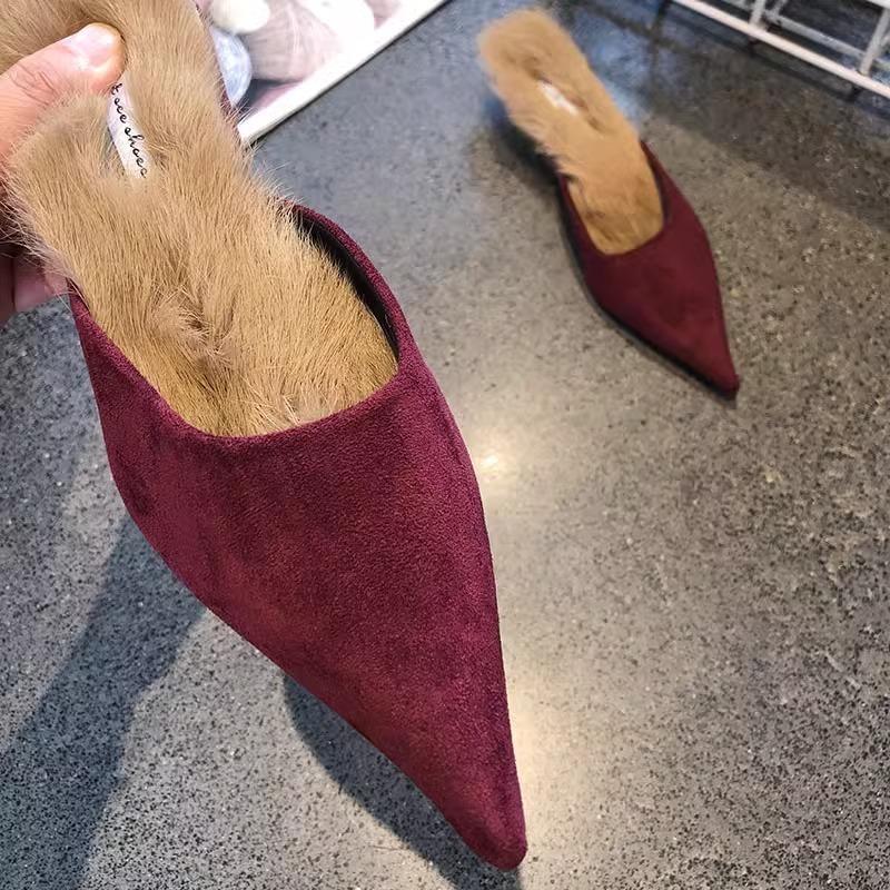 New Women Fur Slippers Pointed Toe Women Mules Slipper Ladies Elegant Dress Sandal Square Low Heel Slip on Slides Shoes