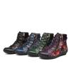 Johnature Retro Oil Painting Women's Boots Handmade Ethnic Flower Lace Up Comfortable Flat Leather Short Boots