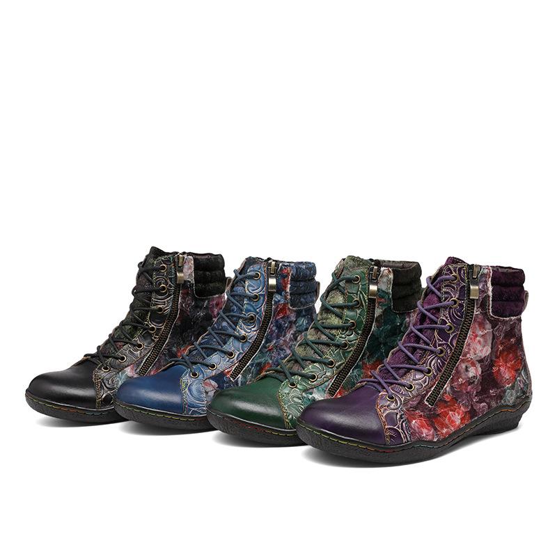 Johnature Retro Oil Painting Women's Boots Handmade Ethnic Flower Lace Up Comfortable Flat Leather Short Boots