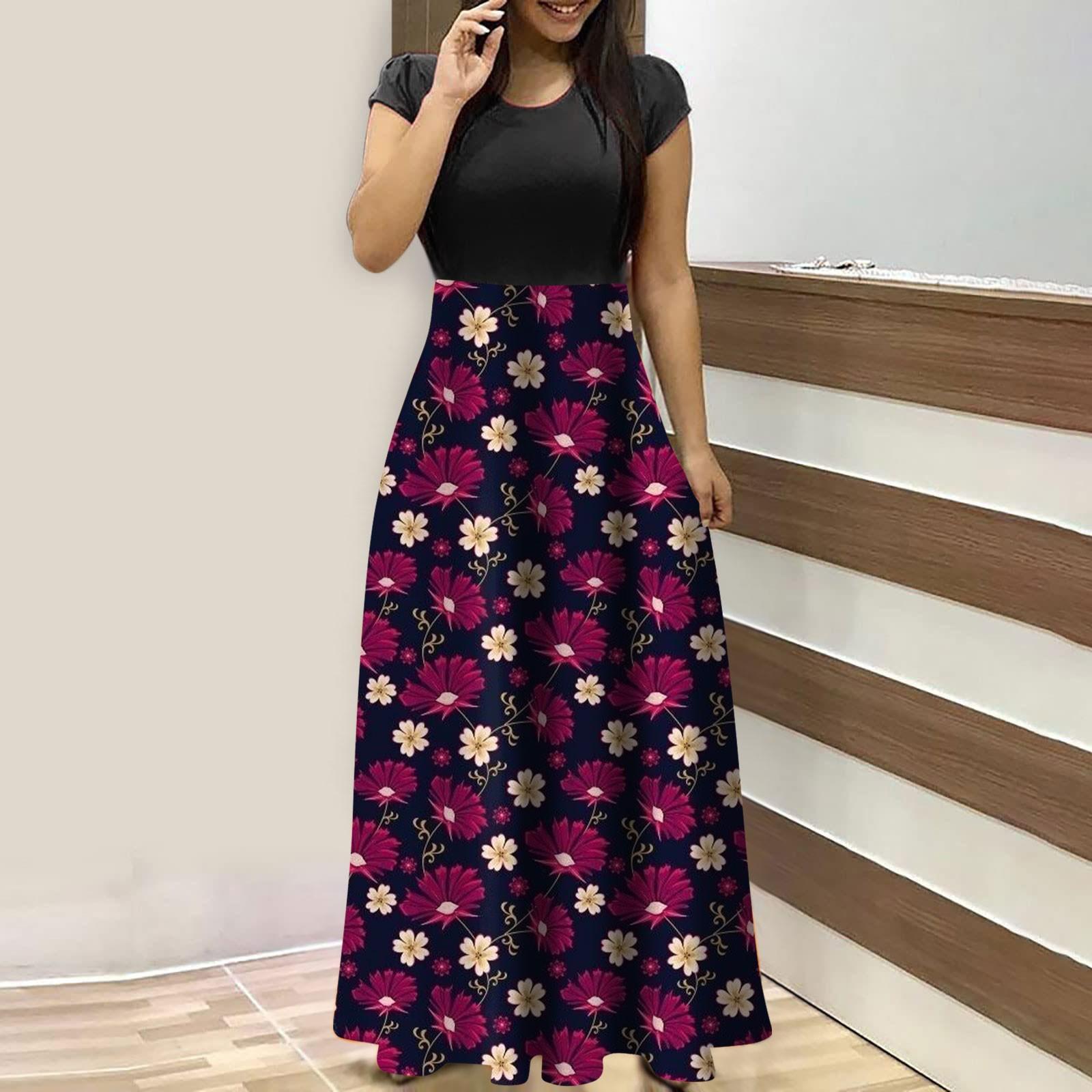 

Летние платья для женщин 2023, модные повседневные платья макси большого размера с цветочным принтом и круглым вырезом, с короткими рукавами XL фиолетовый