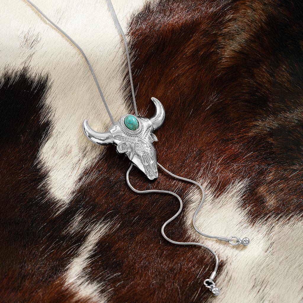 European and American Style Bull Skull Pendant Necklace, Gold Snake Chain with Turquoise Drawstring Style