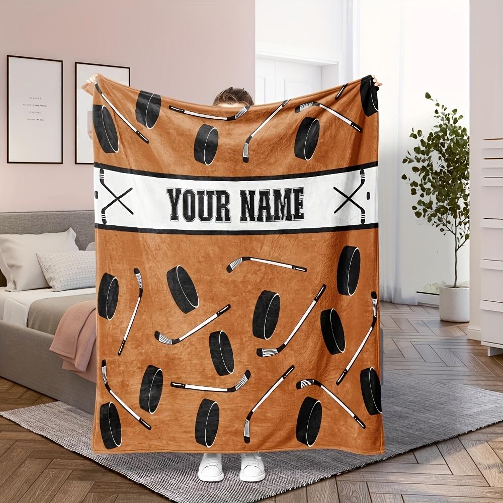 Personalized Hockey Blanket With Pucks And Sticks Pattern Custom Name White Background Soft Fleece Throw Gift For Players