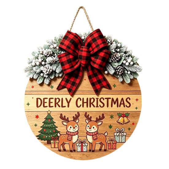 Decorative Pine Cone Sign Christmas Wooden Welcome for Front Door, Round Hanging Ornament with Solid Wood Plate Artificial Branches & Bow Decor