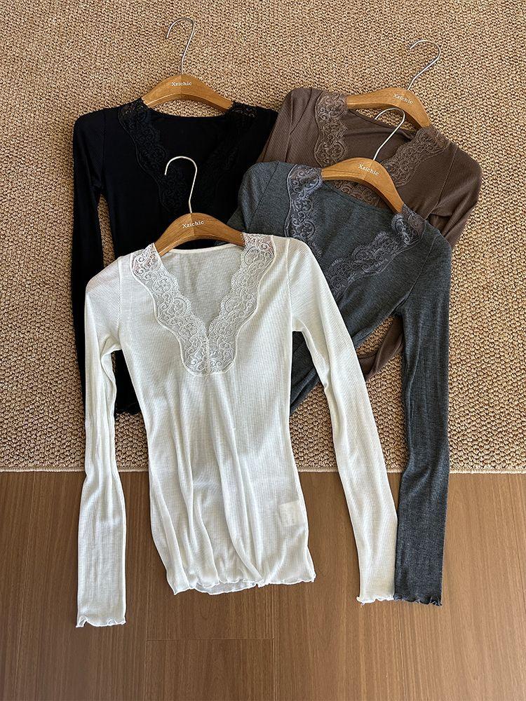 Elegantes Spitzen-Patchwork-Damen-T-Shirt V-Ausschnitt mit Spitzenbesatz Langarm Slim Fit Bluse Einfarbig Süß Lässig Frühling Herbst Sexy Streetwear Kleidung