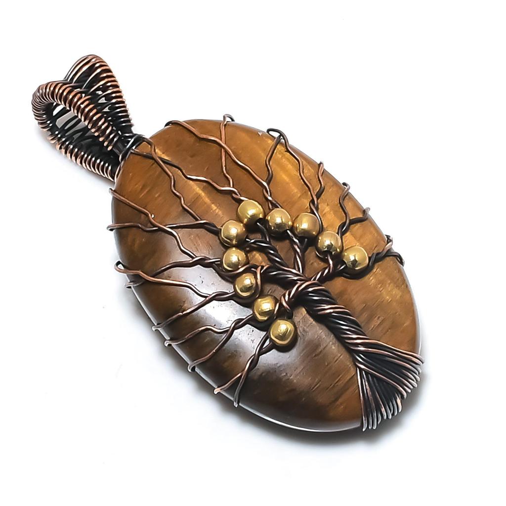 Tree Of Life Tiger's Eye 999 Copper Wire Wrapped Pendant, Handmade Gemstone Pendant , Gift For Mom Antique Jewelry