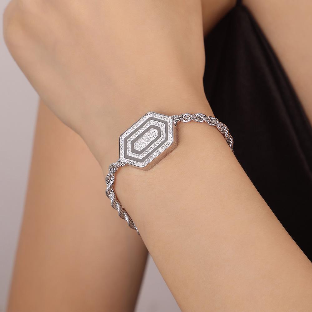 Hexagonal Zirconia Bracelet with Adjustable Tassel Pendant in Gold-Plated Titanium Steel