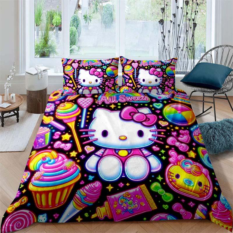 

This Hello Kitty three-piece bedding set with a cartoon heart print, including one duvet cover and two pillowcases, makes a perf 135x200cm