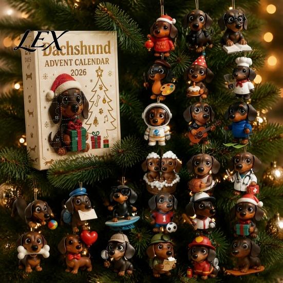 Christmas Tree Hanging Decoration 2026 Dachshund Advent Calendar with 24 Unique 2D Acrylic Ornaments, Festive Novelty Dog Gifts Countdown Box