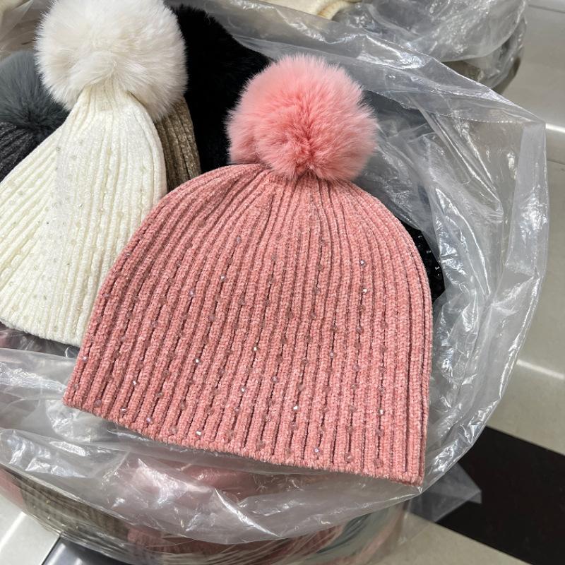 Wool hat women's autumn and winter new versatile winter rhinestone chenille knitted hat warm fashion hairball ear hat