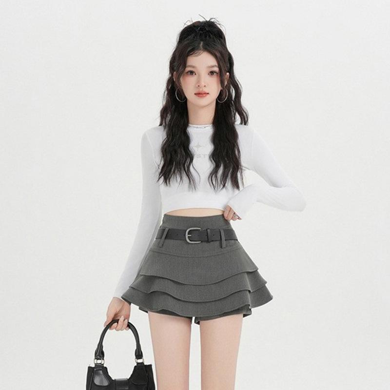 Fei Yuan A-Line Ruffle Hem High Waist Slimming Skirt - Spring Anti-Exposure Layered Cake Skirt for Women Small серый