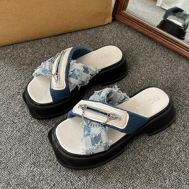 

Дизайнерские нишевые джинсовые крутые шлепанцы на толстой подошве женские летние 2025 новые с высоким уровнем чувства, увеличивающие рост и нескользящие 35 джинсовый синий