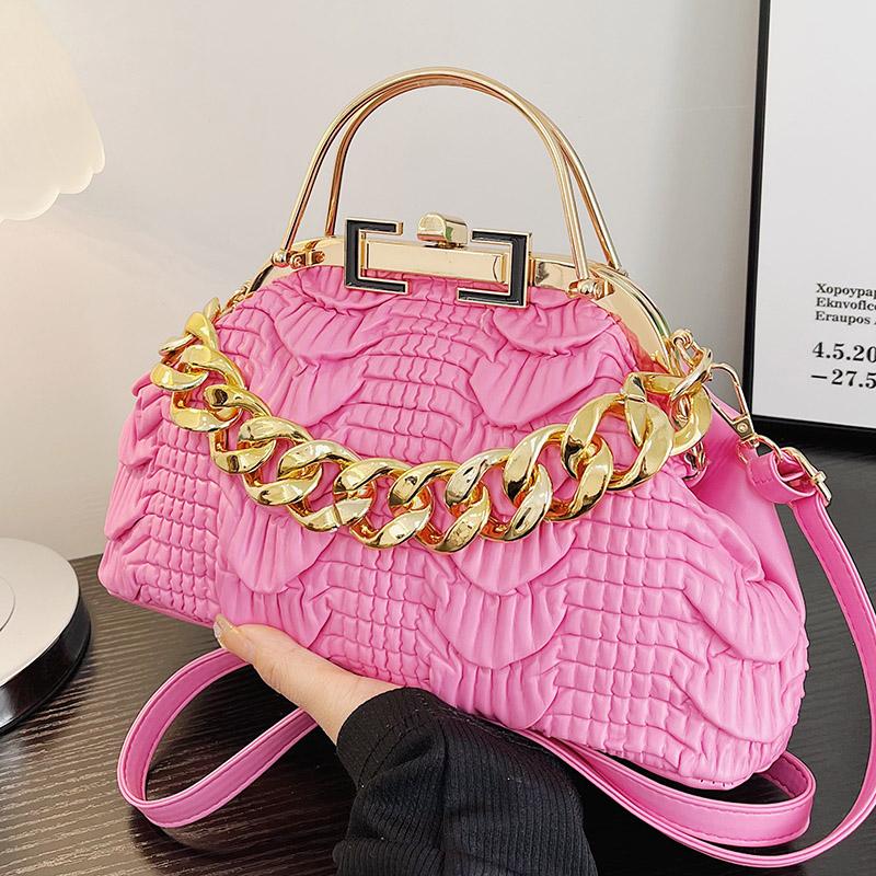 Women's Pleated PU Leather Shoulder Bags  Thick Chain  Messenger Bags  Luxurious Ladies Bags  Night Clutch  Gold  Pink  Green