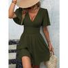 QICED Fashion Summer Spring Solid Color Print V-Neck Short Sleeve  Casual Dresses
