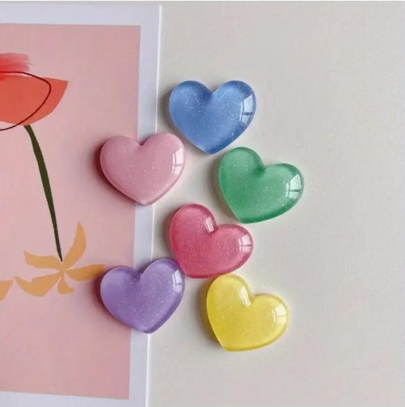 

6pcs Colorful Heart Shaped Fridge Magnets Set Glitter Resin Refrigerator Stickers Cute Decor for Kitchen Whiteboard Photo Wall