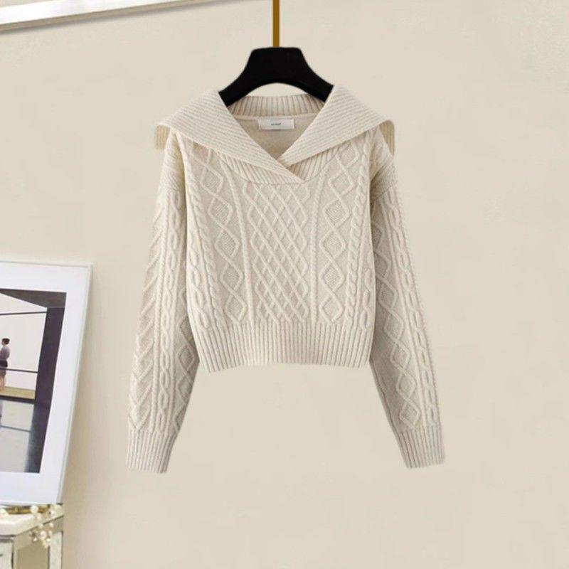 Petite Two-Piece Set: Peter Pan Collar Cable Knit Sweater + High-Waisted A-Line Knit Midi Skirt, Autumn/Winter Style.