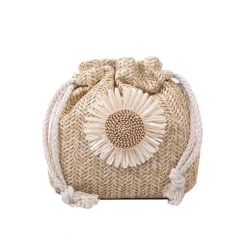 

New 1 Pcs New Crossbody Small Bag Flower Grass Woven Bag Mesh Red Daisy Drawstring Bucket Bag Summer хаки