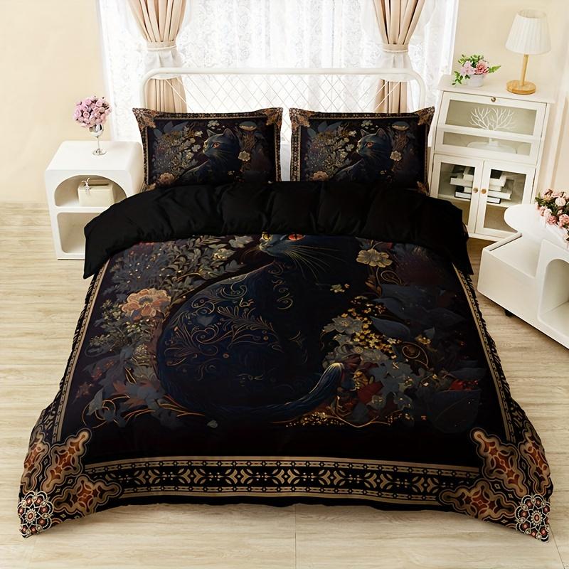 3pcs Duvet Cover Set (1*Duvet Cover + 2*Pillowcase, Without Core), Flower Animal Cat Print Bedding Set, Soft Comfortable