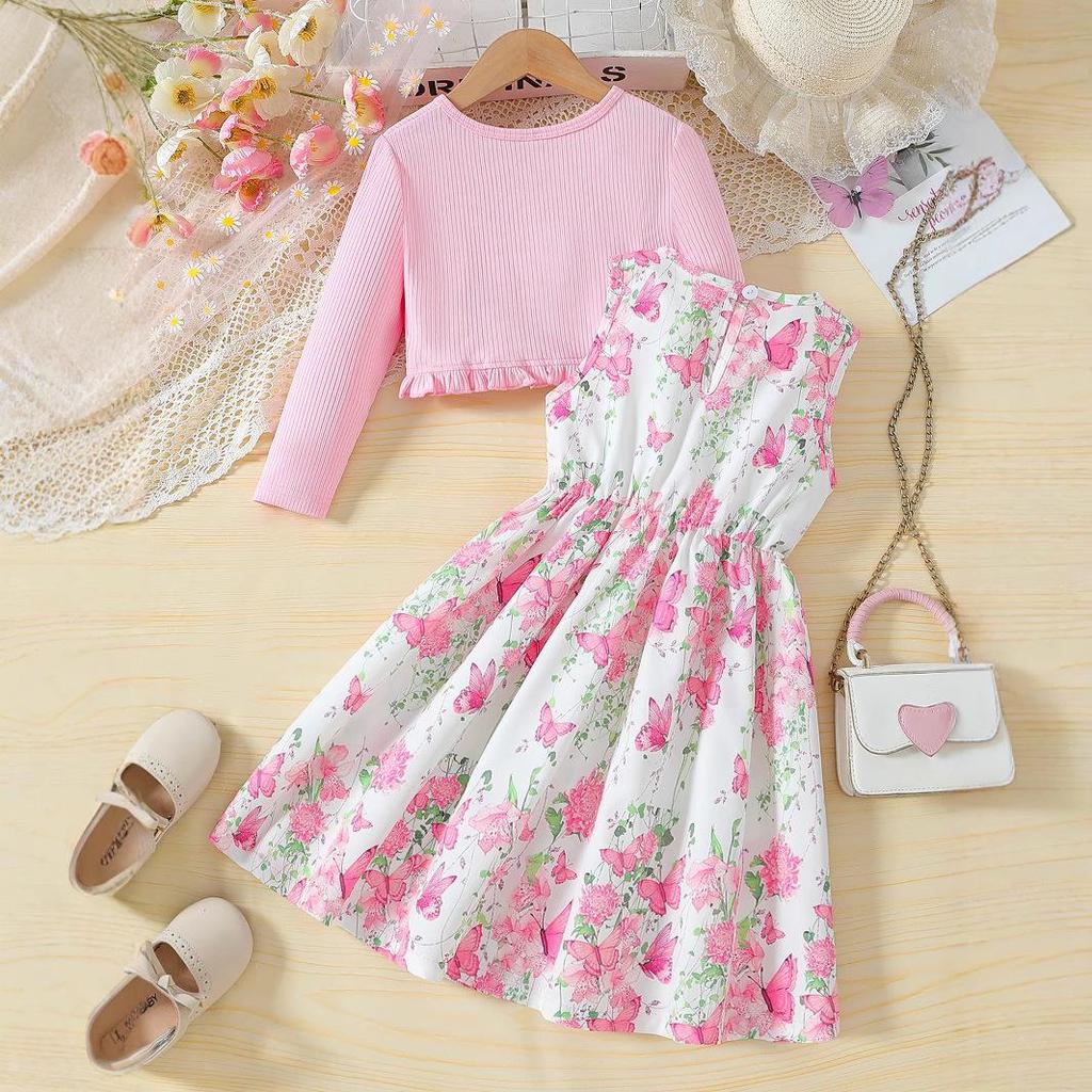 Spring-Autumn Girls' Princess Jacket & Vest Set: Long Sleeve Dress with Printed Vest