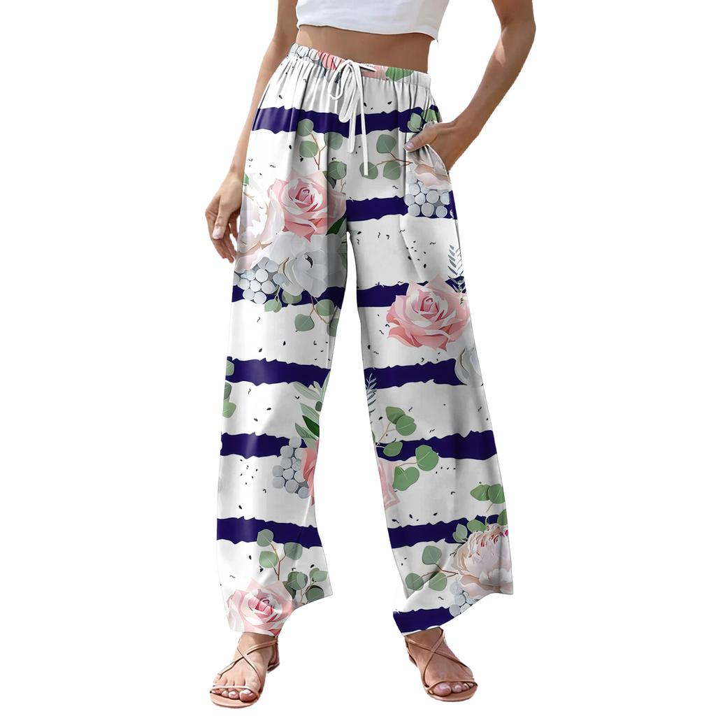 Women's Casual Retro Floral Print Wide Leg Drawstring Pocket Beach Casual Pants