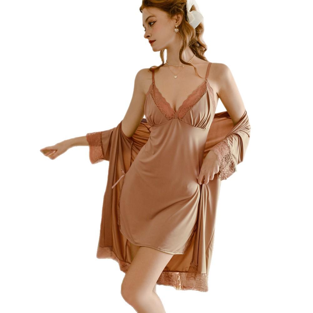 Sheer Lace Lingerie Set: French Desire Nightdress with Quick-Release Suspender & Forbidden Robe