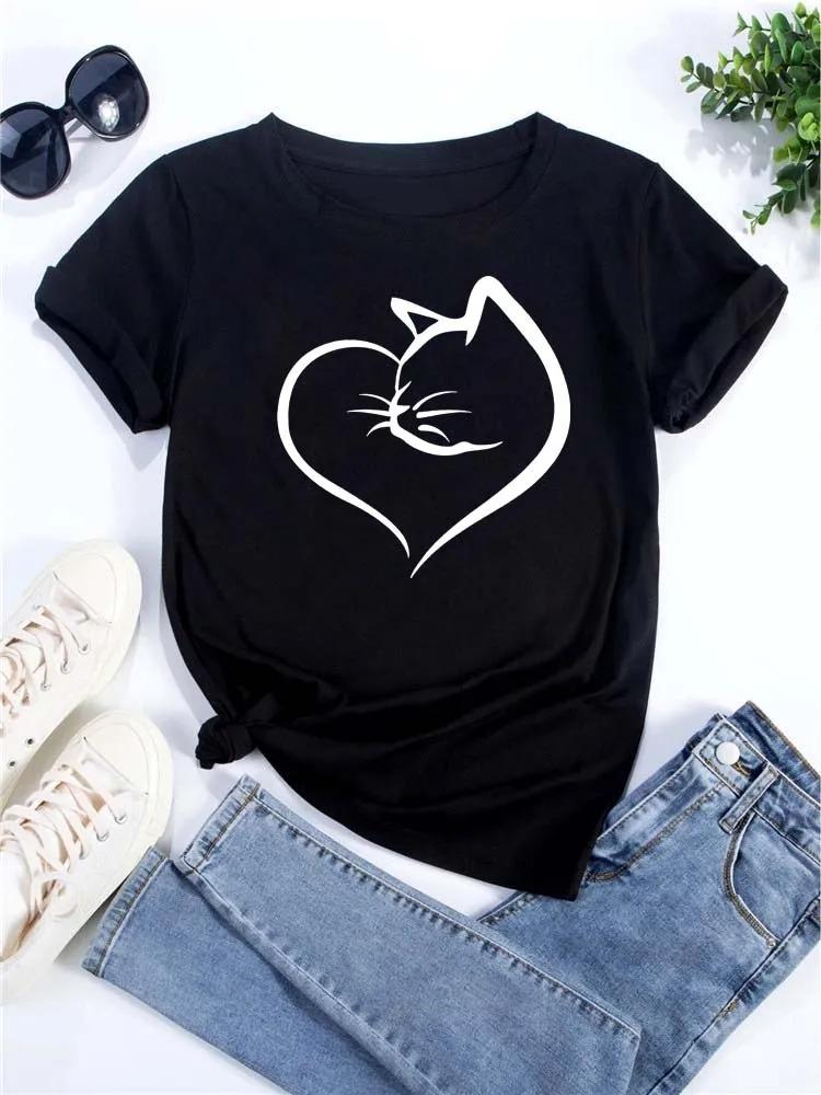 Womens Cute TShirt Abstract Kitten Design Tops Neck Summer Comfortable Casual Tshirt Clothes Tops S