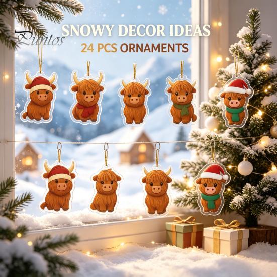 Holiday Hanging Ornaments Highland Cow Christmas Advent Calendar with 24 Acrylic Ornaments, Festive Countdown Box for Tree Decor And Seasonal