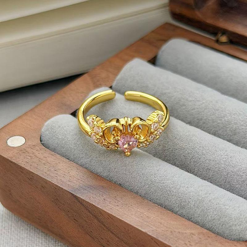 Medieval Vintage Pink Zircon Colored Treasure Open Ring Niche Light Luxury High Sense Stacked With Diamond Rings Woman