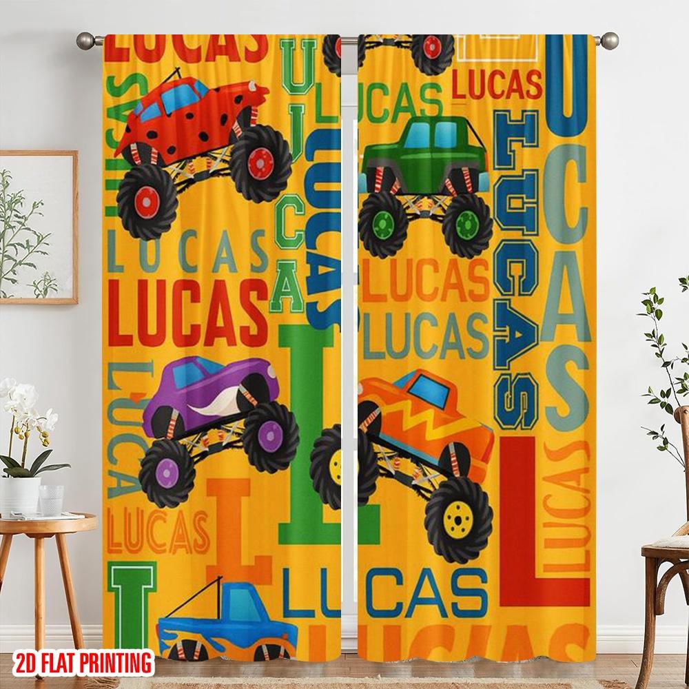 2pcs,2D plane printing Minimalist Curtains Monster Truck Parade 100% Polyester (without rod) Art Deco Festive Perfect for