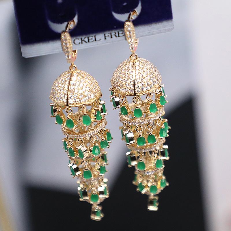 Exaggerated Luxury Full ZIRCON Long Waterdrop Chain Tassel Lantern Earrings 925 Silver Needle Wind Bohemia Ethnic Jewelry