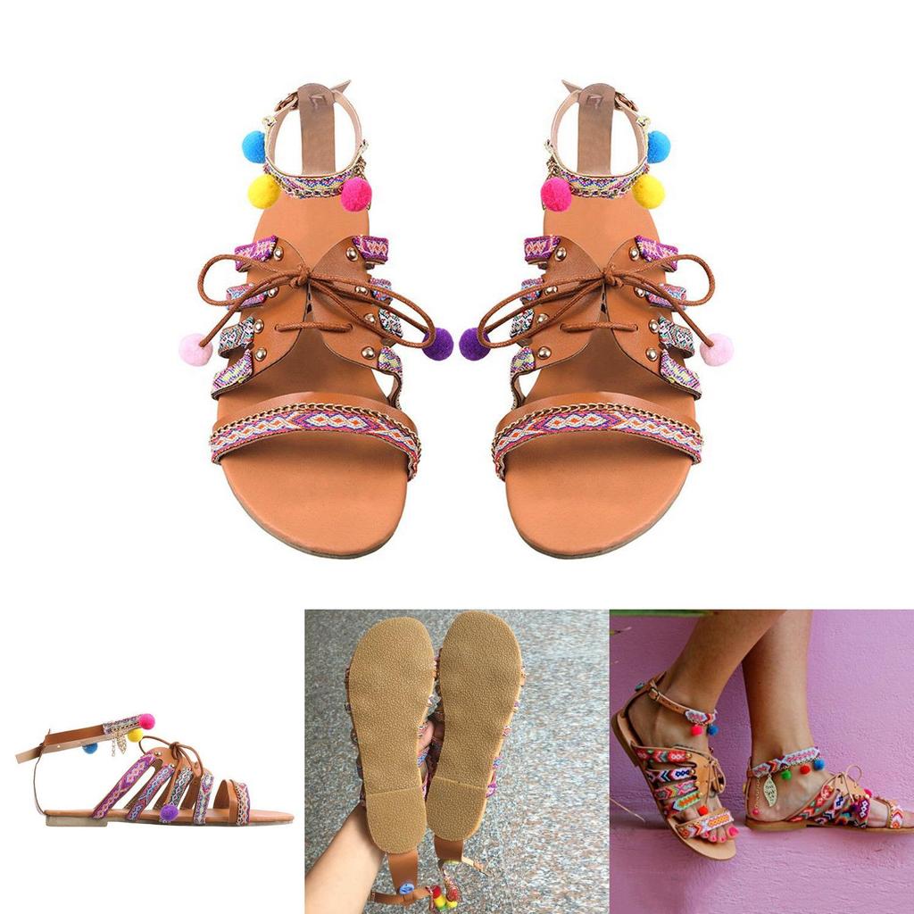 Elegantní Dámské Boho Sandály Gladiator Kožené Ploché Boty S Barevnými Pompony