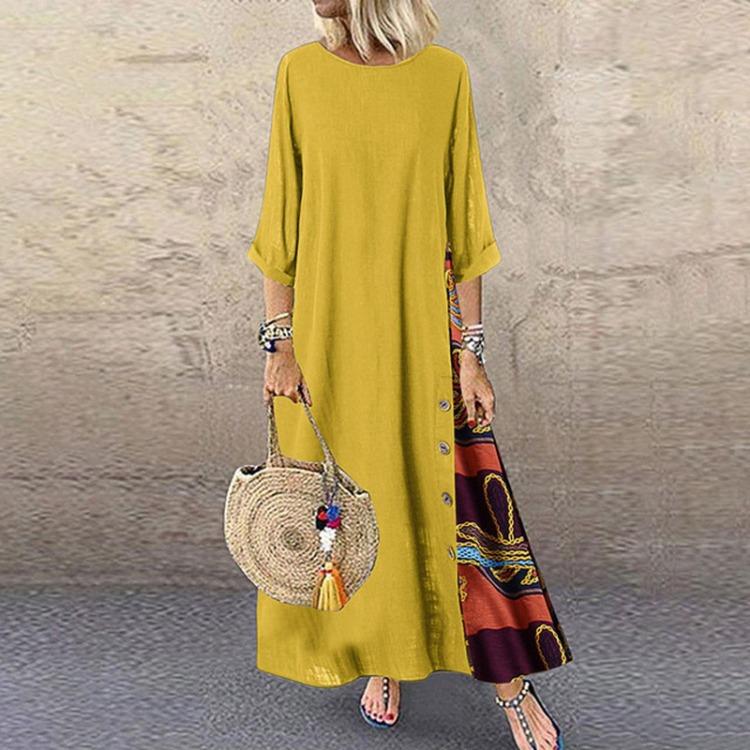 Abito da Donna Floreale Vintage Manica 3/4 Girocollo Patchwork di Colore Bottone