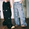 LEMANISM Cartoon Dog Embroidered Washed Straight-Leg Jeans