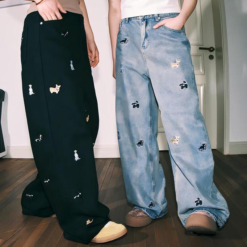 LEMANISM Cartoon Dog Embroidered Washed Straight-Leg Jeans