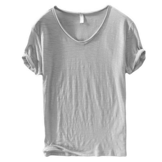 Summer Men Thin Breathable T-shirt V-neck Short Sleeve Solid Color Casual Basic Tees Casual Bottoms Pullover Tops 3XL светло-серый