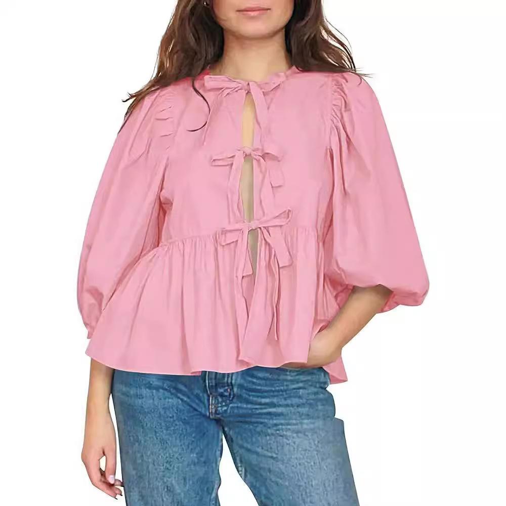Spring and Summer Sweet and Casual Lace-up Striped Women's Blouses & Shirts