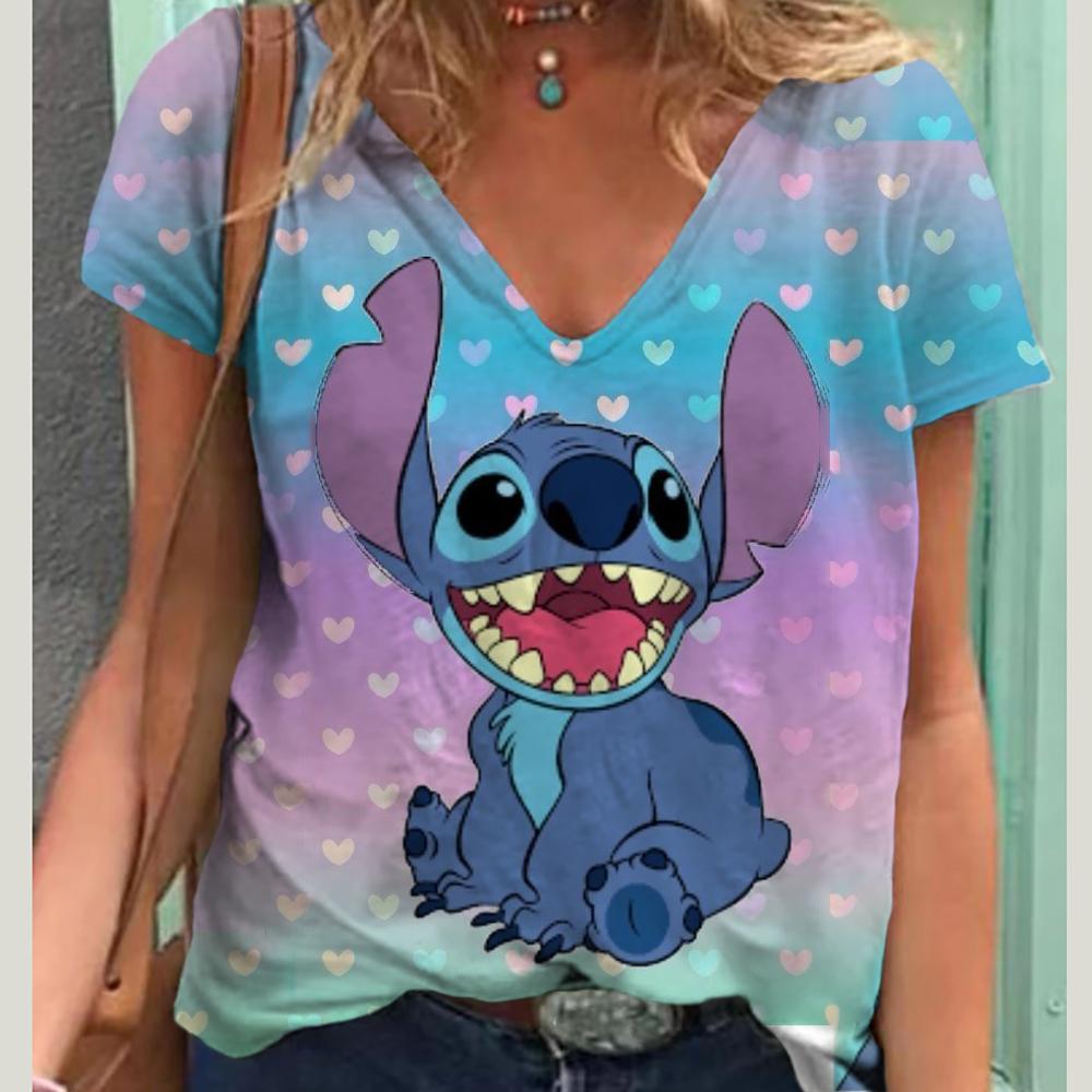 

Літня нова модна жіноча футболка Lilo&Stitch повсякденна коротка футболка Harajuku 3D друкована модна футболка V-подібним вирізом вулична вільна футболка великого розміру 8XL