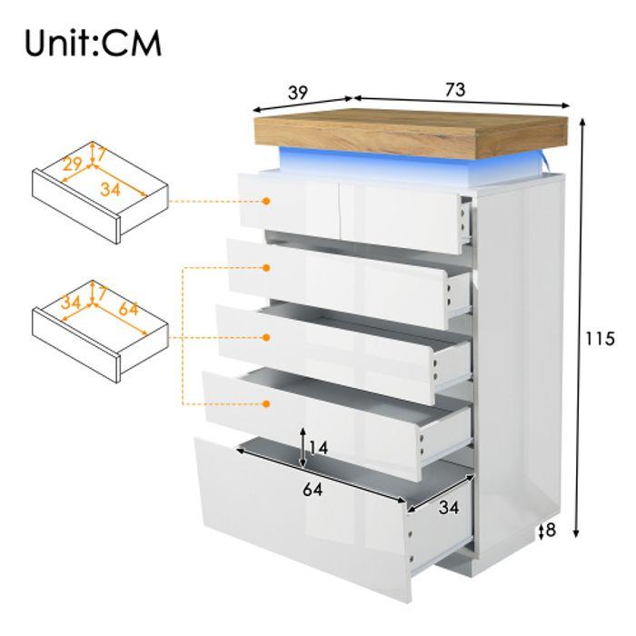 Commode, Buffet Brillant Avec 6 Tiroirs, Éclairage LED (commandé Par L'application), 115 X 73 X 39 Cm, Blanc