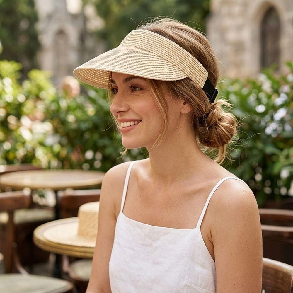 Raffia Summer Visors Hat Anti-UV Beach Straw Hats Fashion Foldable Sun Hat  for Woman